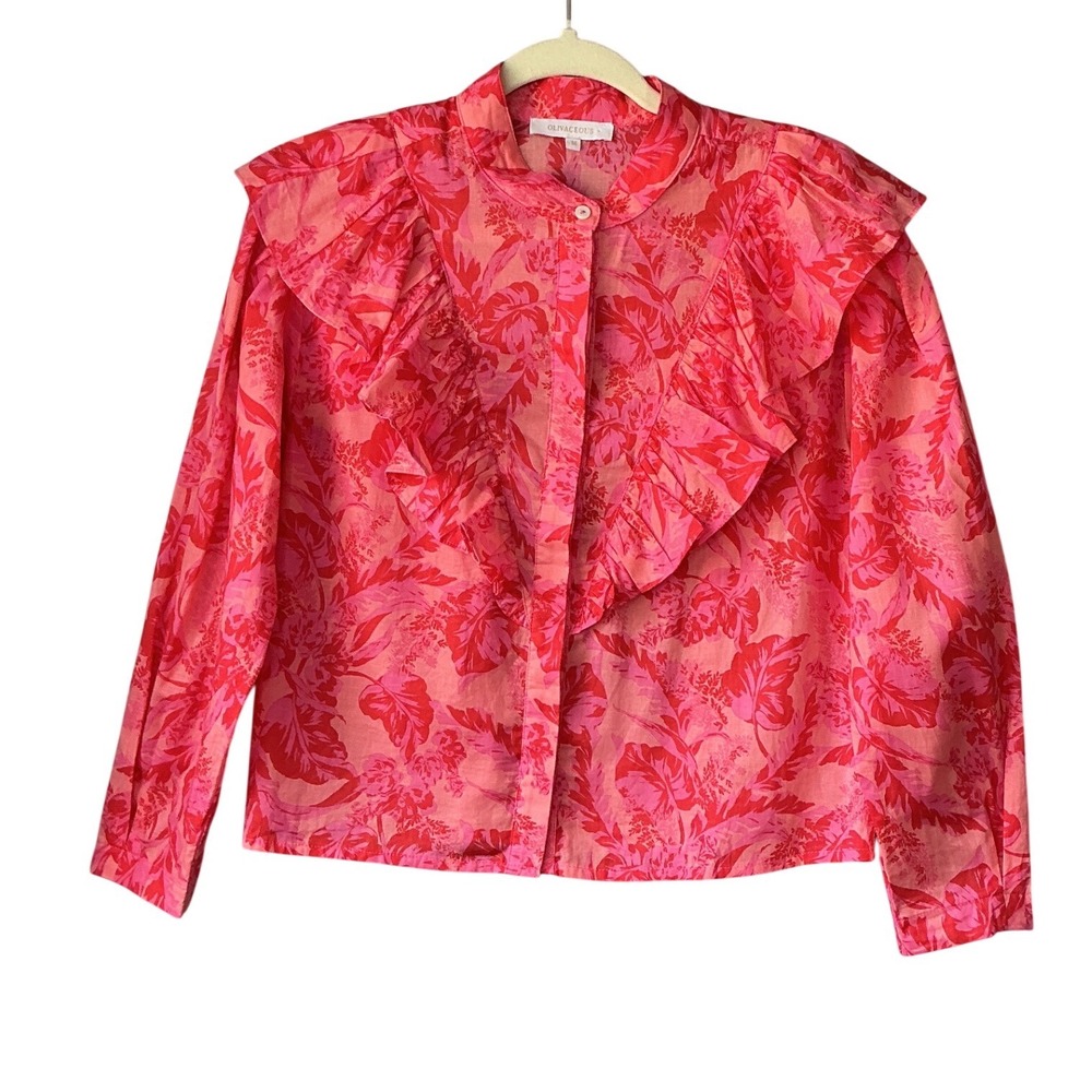 Olivaceous Pink Red Floral Ruffle Front Cotton Blouse S#2300-385LTH Size M